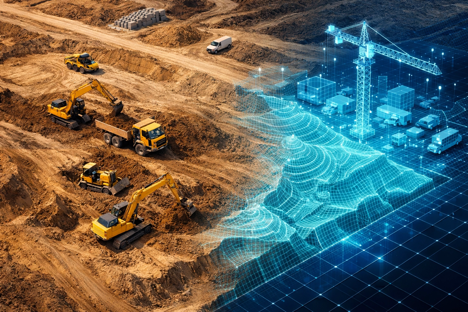 Construction site drone mapping showing a 3D digital twin model for project monitoring and site planning.