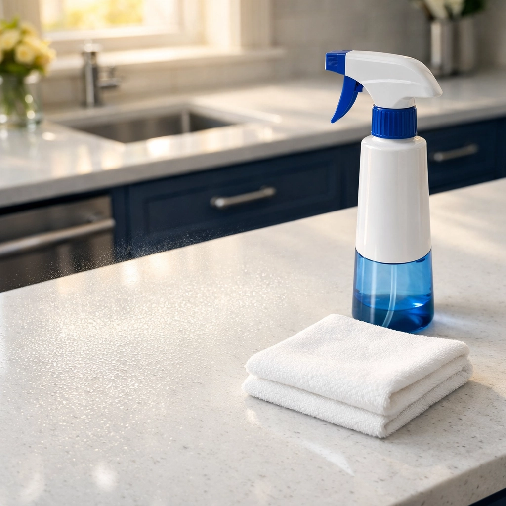 Disinfectant spray on a kitchen counter illustrating proper dwell time for deep cleaning Westford.