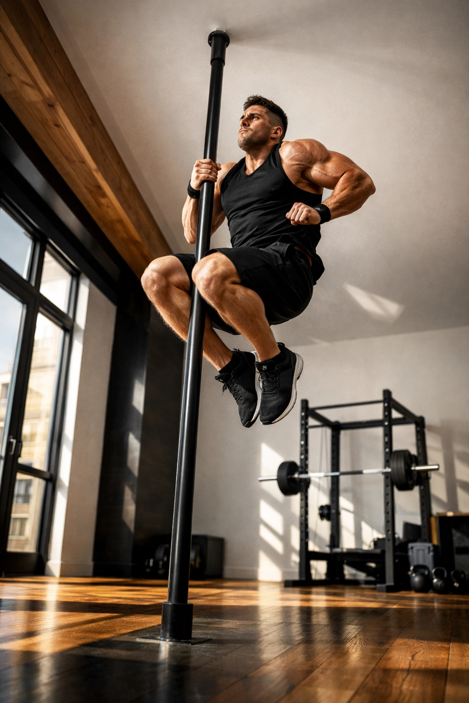 Athlete performing muscle-up on floor to ceiling gym system in home workout space