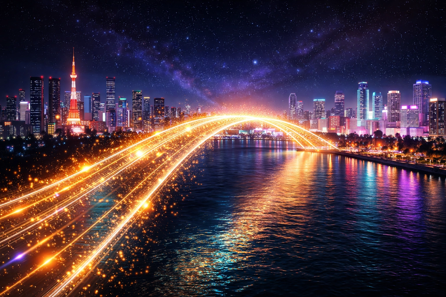 Glowing digital bridge linking Tokyo and Miami skylines at night, representing instant global LUSD crypto payment settlements.