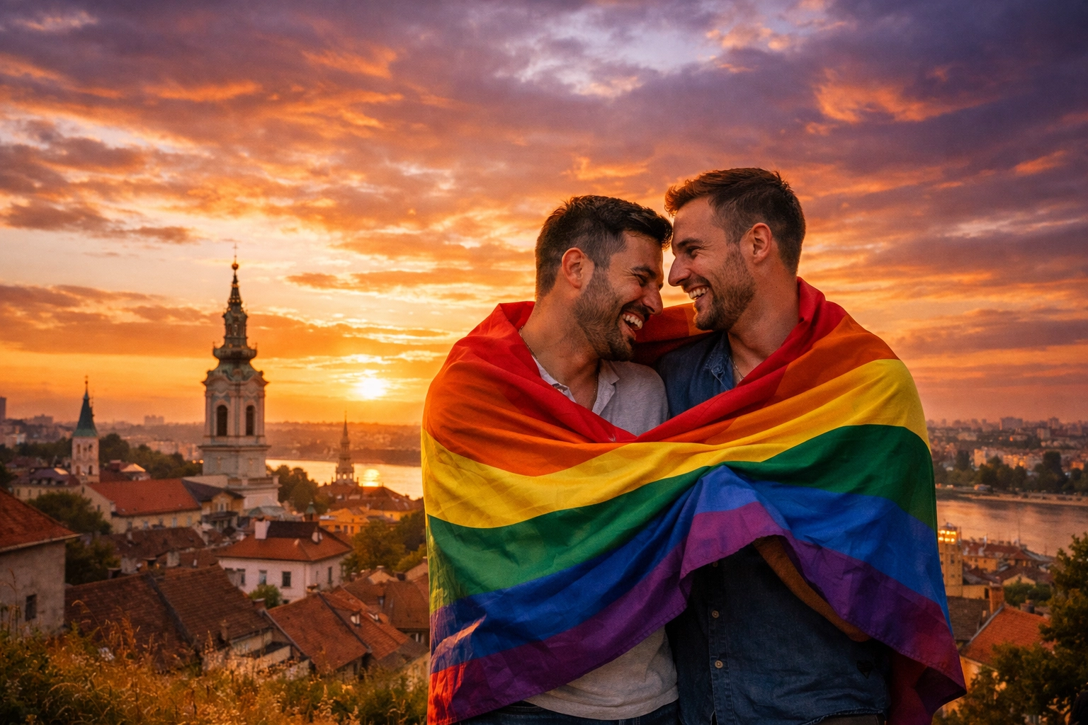 Gay couple with a rainbow flag overlooking the Belgrade skyline at sunset, representing LGBTQ+ freedom and pride.
