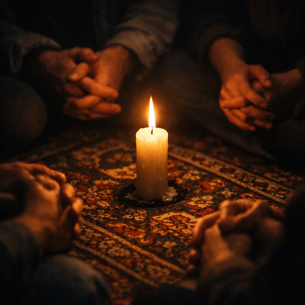 Iranian believers praying in a secret circle with a candle, representing the underground church’s resilience.