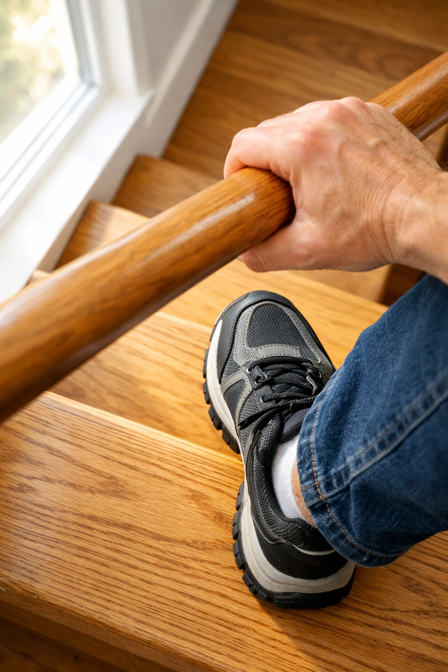 A person gripping a wooden handrail while stepping on stairs in non-slip sneakers for safety.