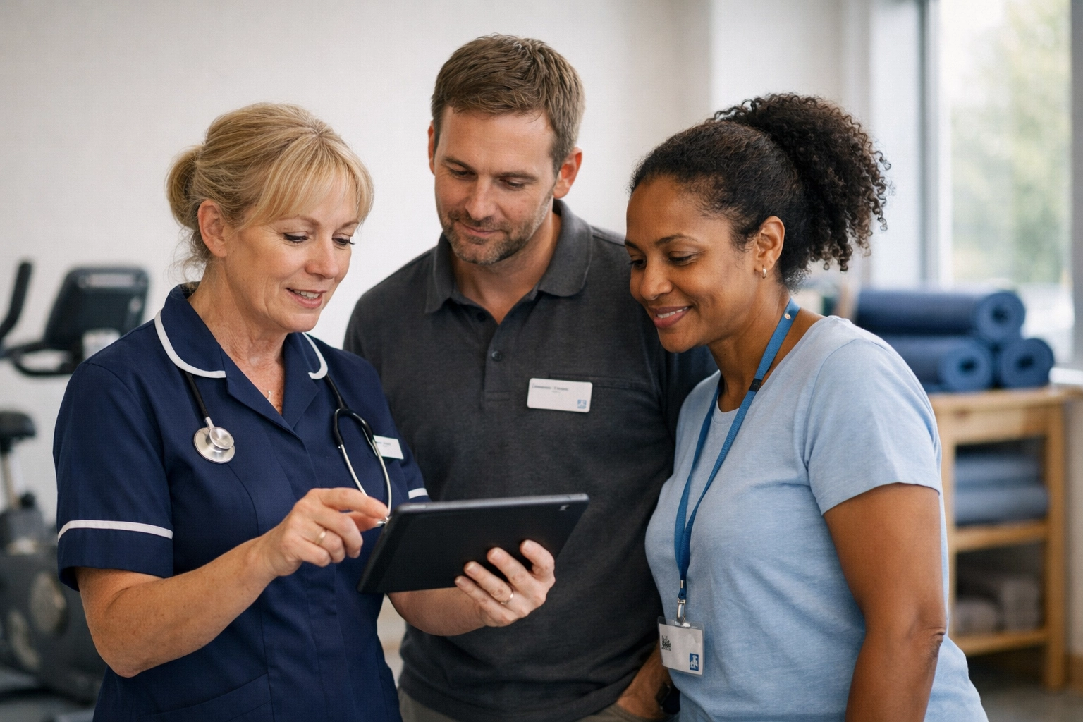 Multidisciplinary respiratory team collaborating in a community health hub to scale pulmonary rehab services.