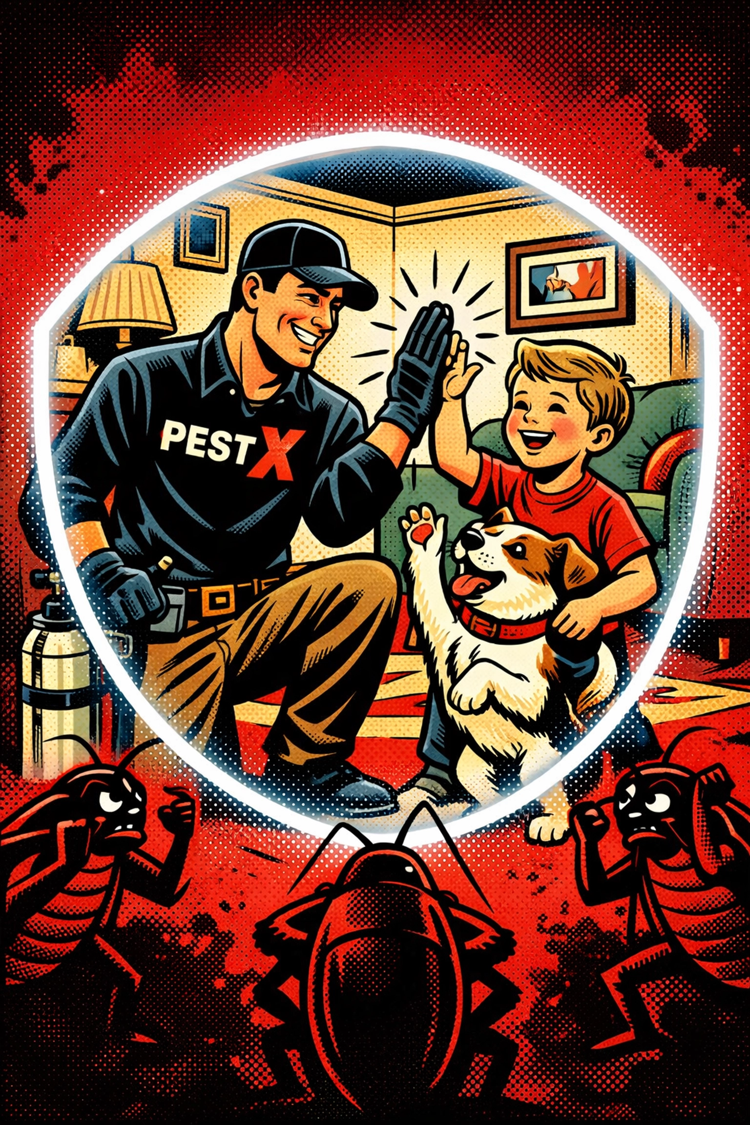 Pest X technician high-fiving a child and dog, showing safe and pet-friendly pest control in Birmingham.
