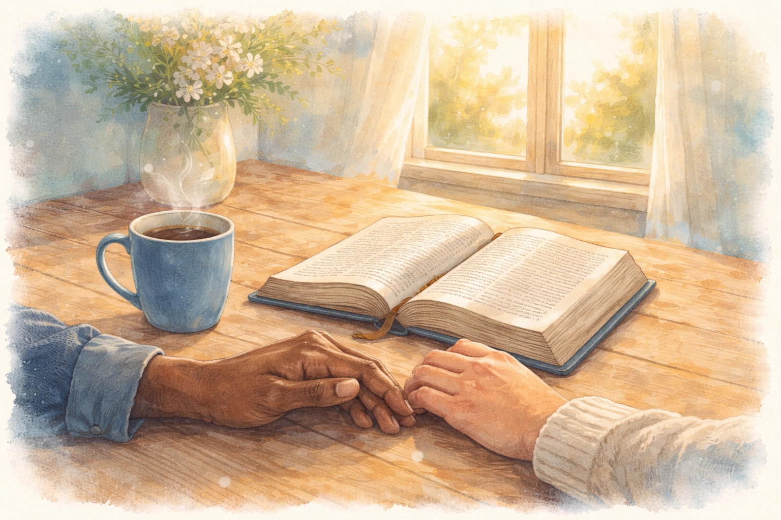 Inclusive hand-drawn morning illustration showing diverse hands with coffee and an open Bible in sunlight, embodying peaceful scripture study.