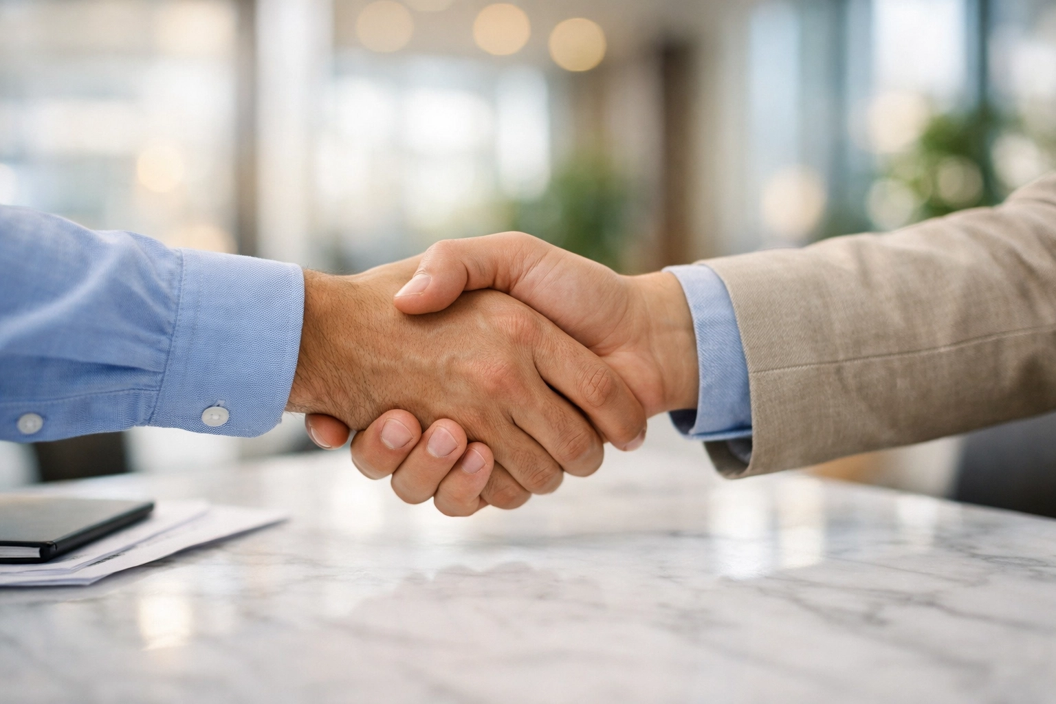 Professional handshake at a closing table, confirming a mobile home is legally recorded as real estate property.