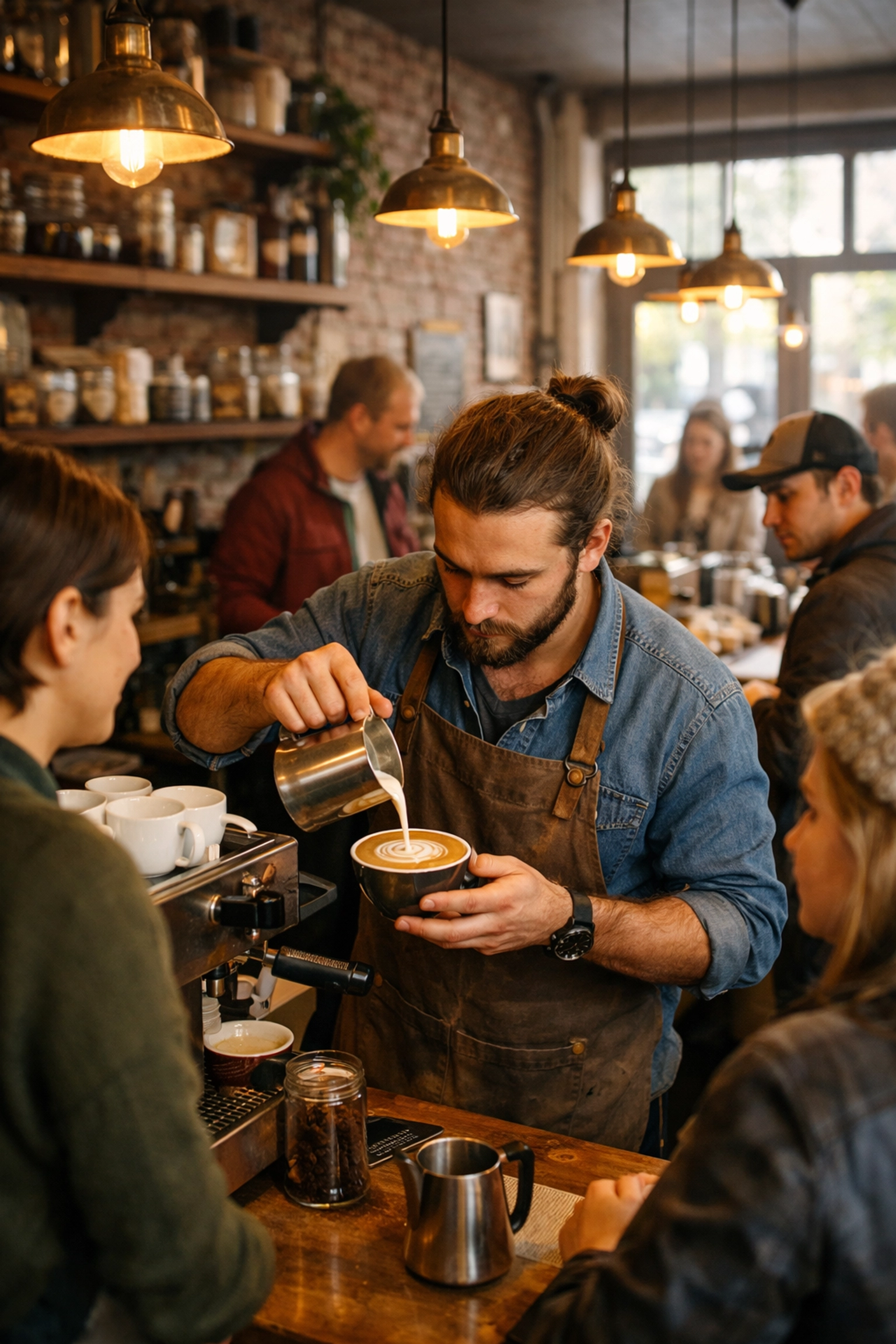 Busy independent specialty coffee shop with barista serving customers
