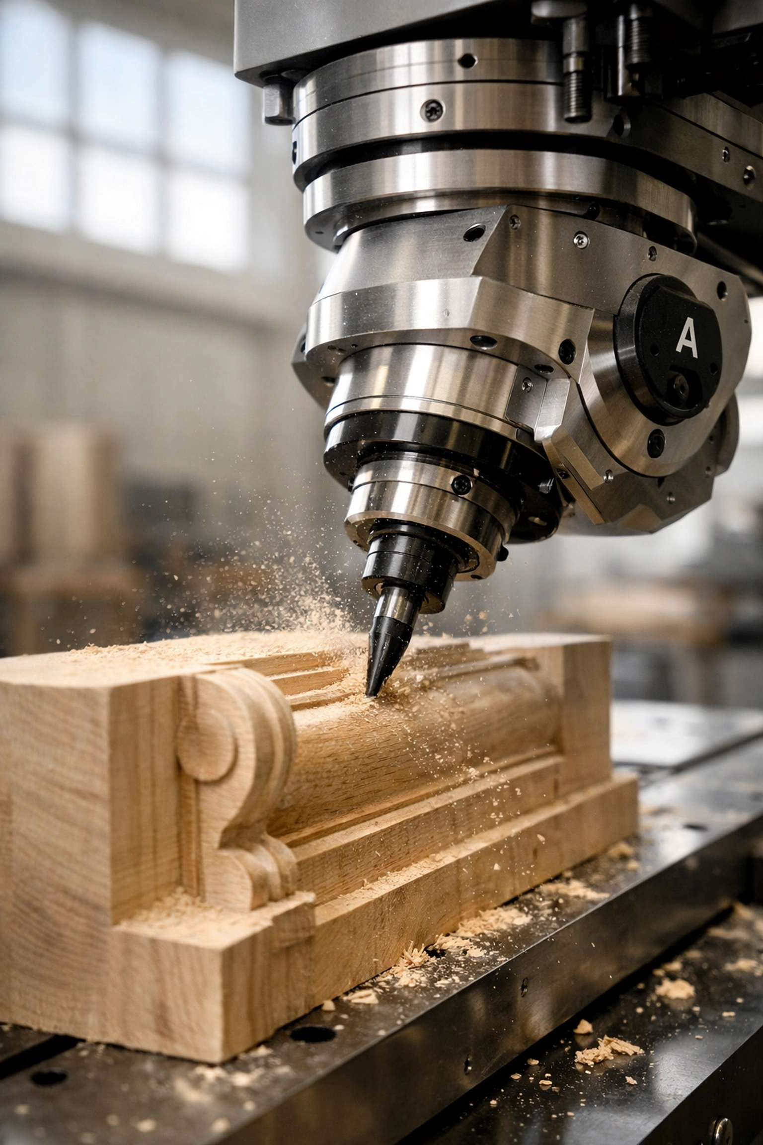 Precision CNC machine carving custom architectural millwork in our 4,000 sq ft millwork shop.