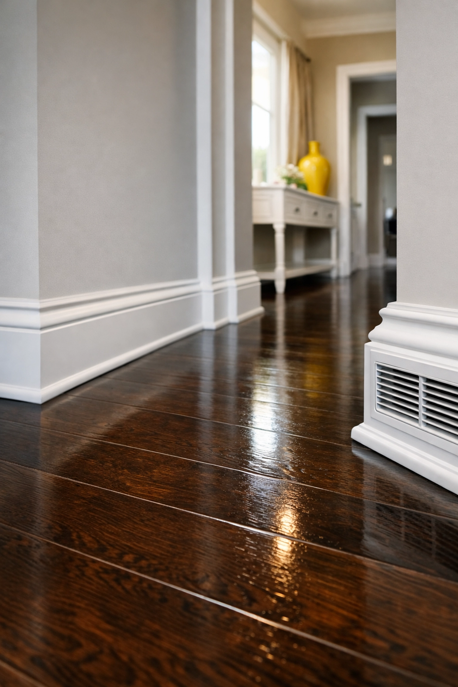 Detailed deep cleaning in Westborough showing spotless white baseboards and dust-free hardwood floor corners.