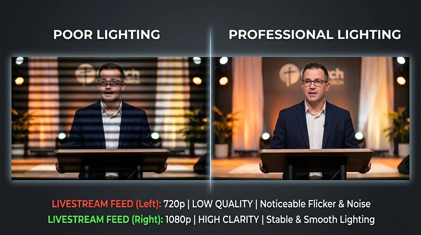 Comparison between flickering cheap LEDs on a livestream and clean, professional SM Lights broadcast-ready lighting.