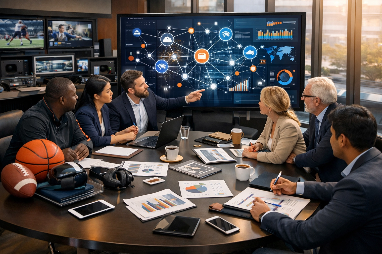 Multi-sector media innovation workspace showing integrated business solutions across industries