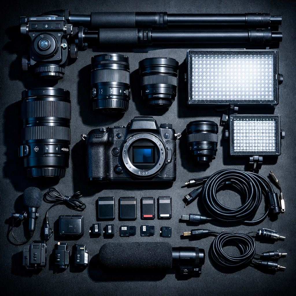 Essential video production equipment including camera, microphone, and lighting gear by Simon Leung