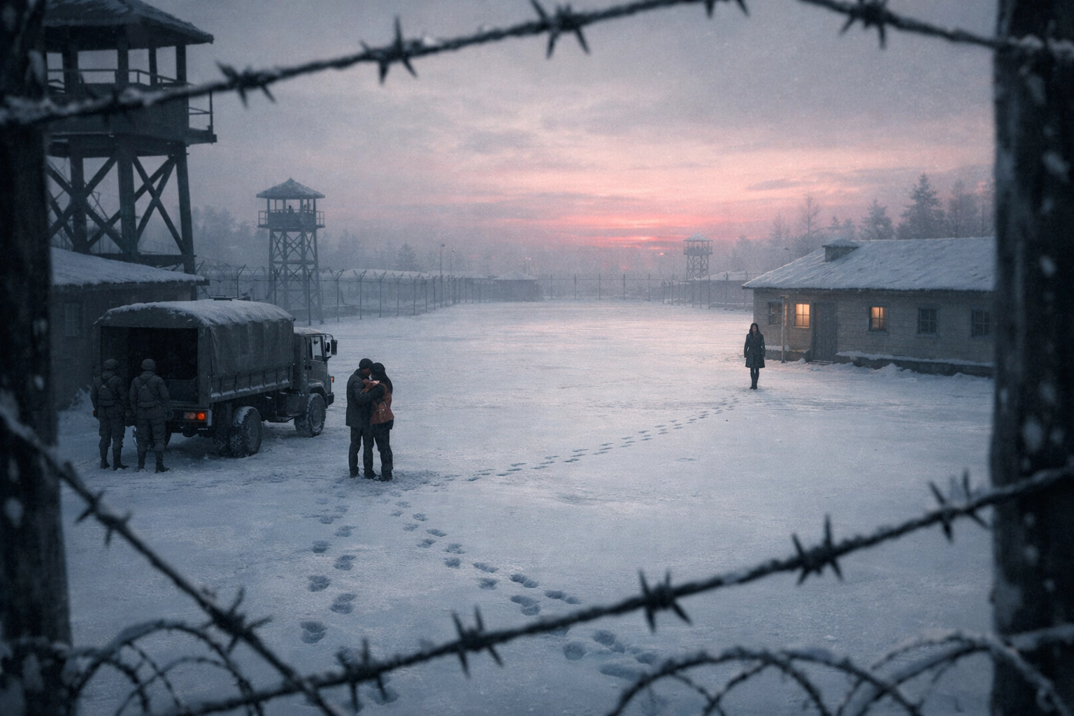 Two soldiers separated in snowy courtyard representing tragic ending of forbidden gay romance