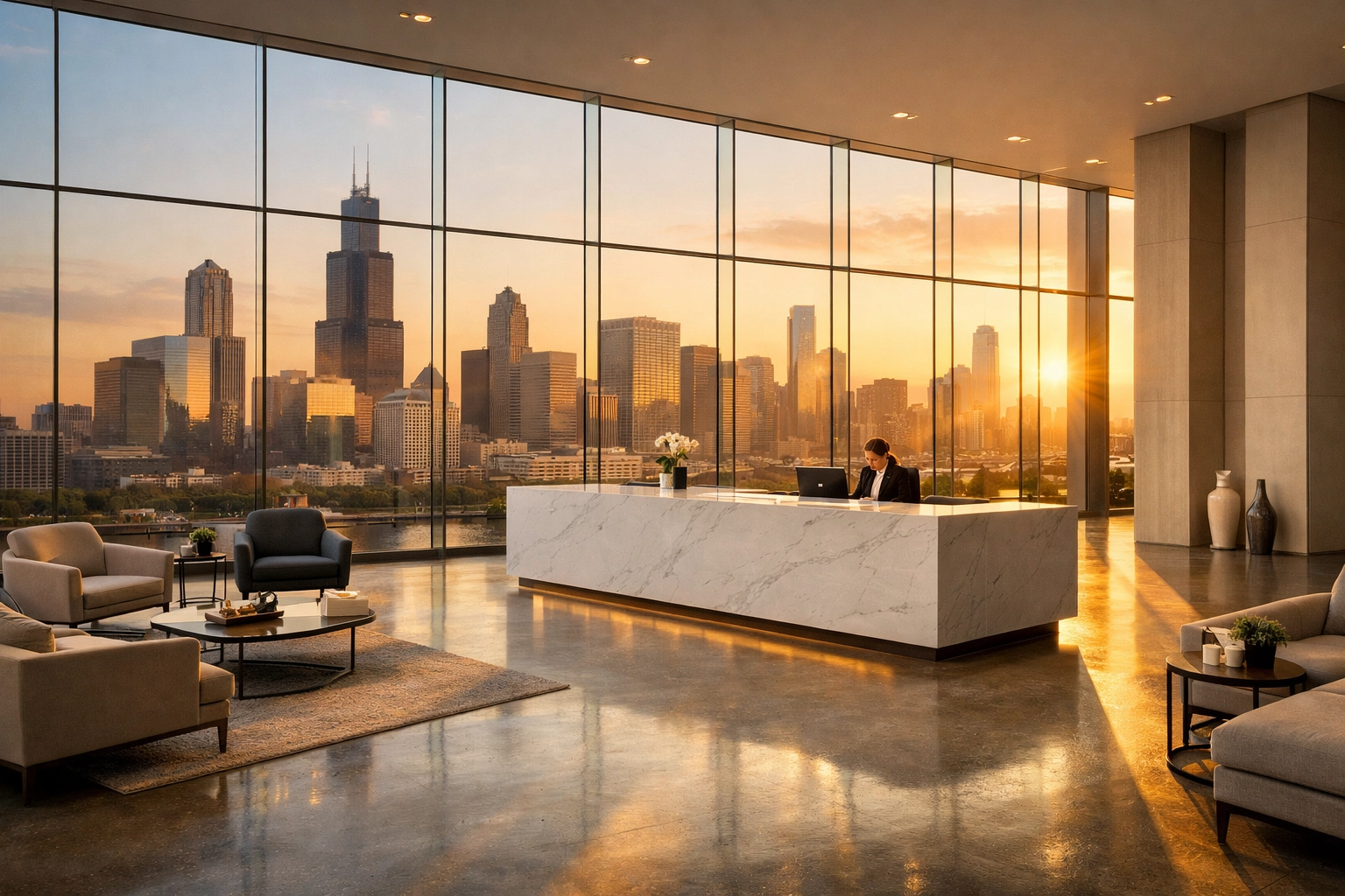 Clean Chicago office lobby with polished floors showing the results of reliable janitorial services.
