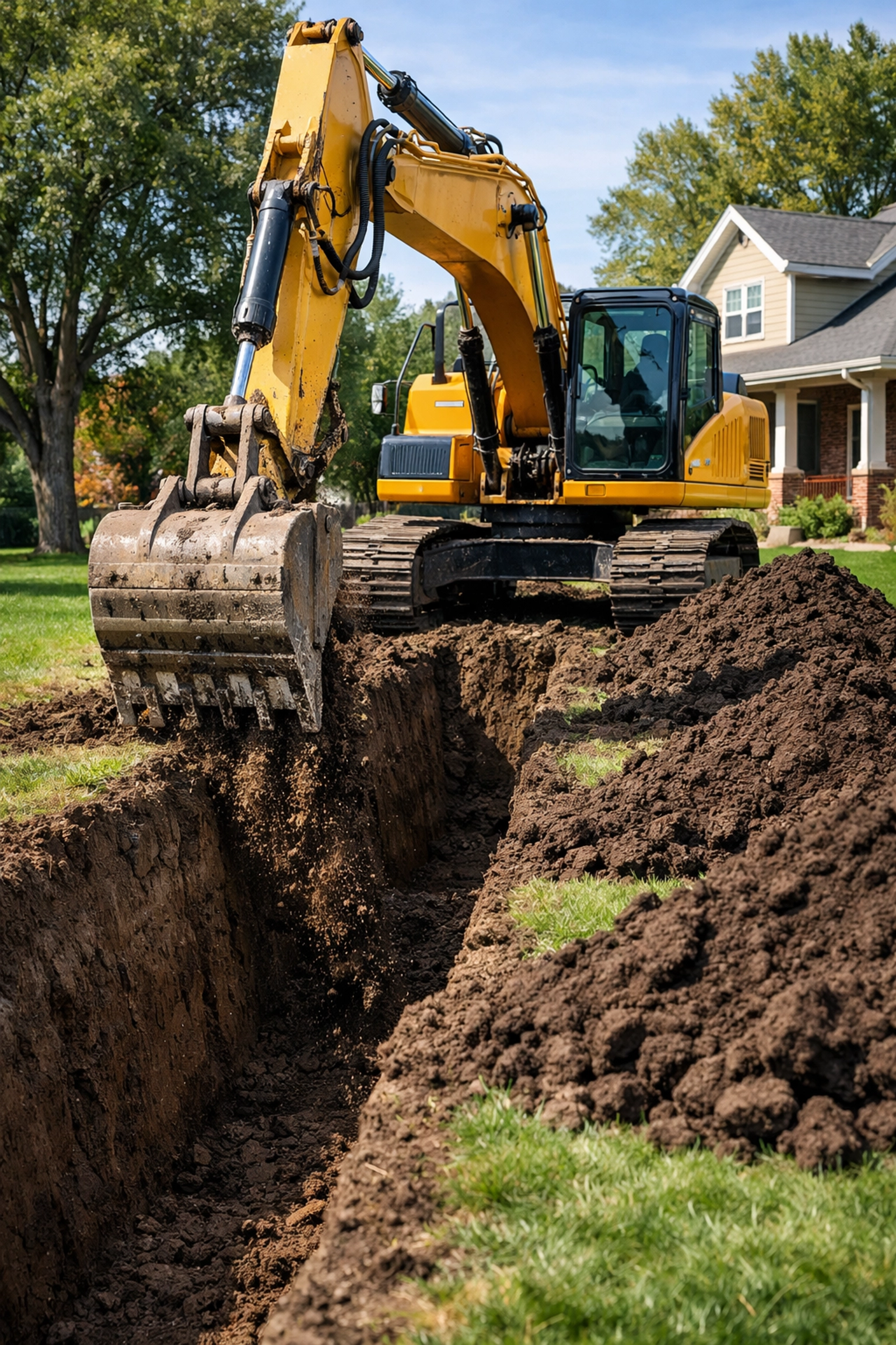Traditional sewer repair in Denver with an excavator digging a deep trench in a residential yard.