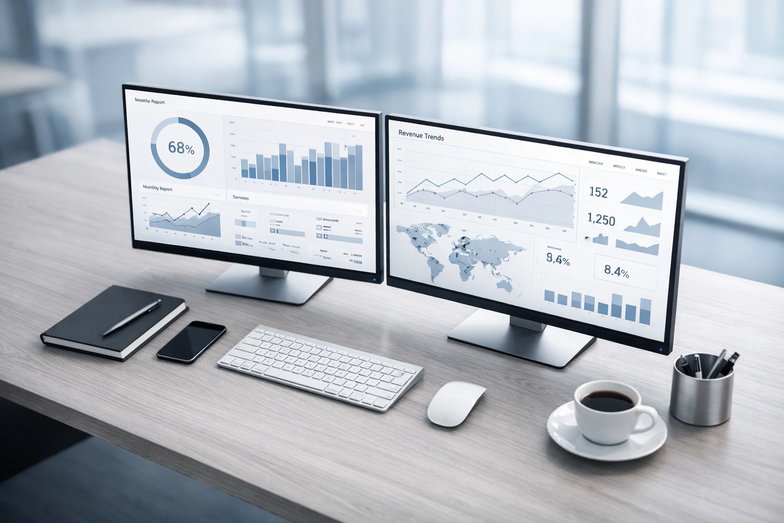 Minimalist office desk with data dashboards representing integrated business intelligence and clean data hygiene.