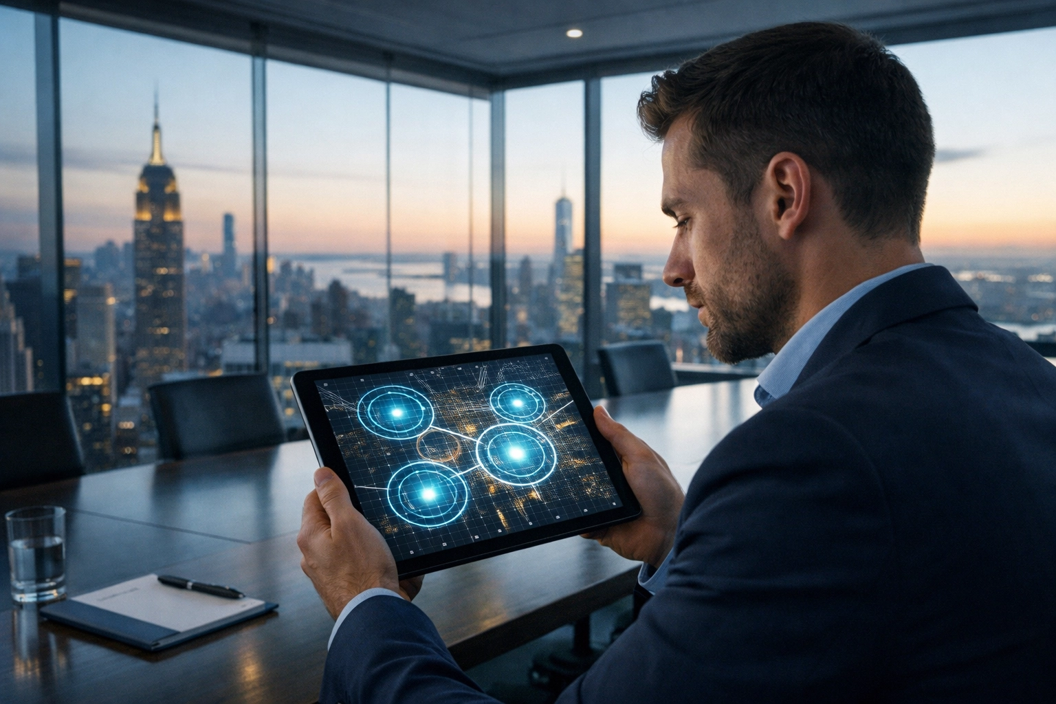 Media buyer analyzing daily hyper-targeted DOOH radius markers on a digital map in an office.