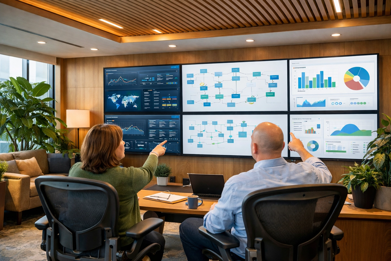 Experts at a ServiceNow consulting services hub analyzing ITOM performance and operational data.