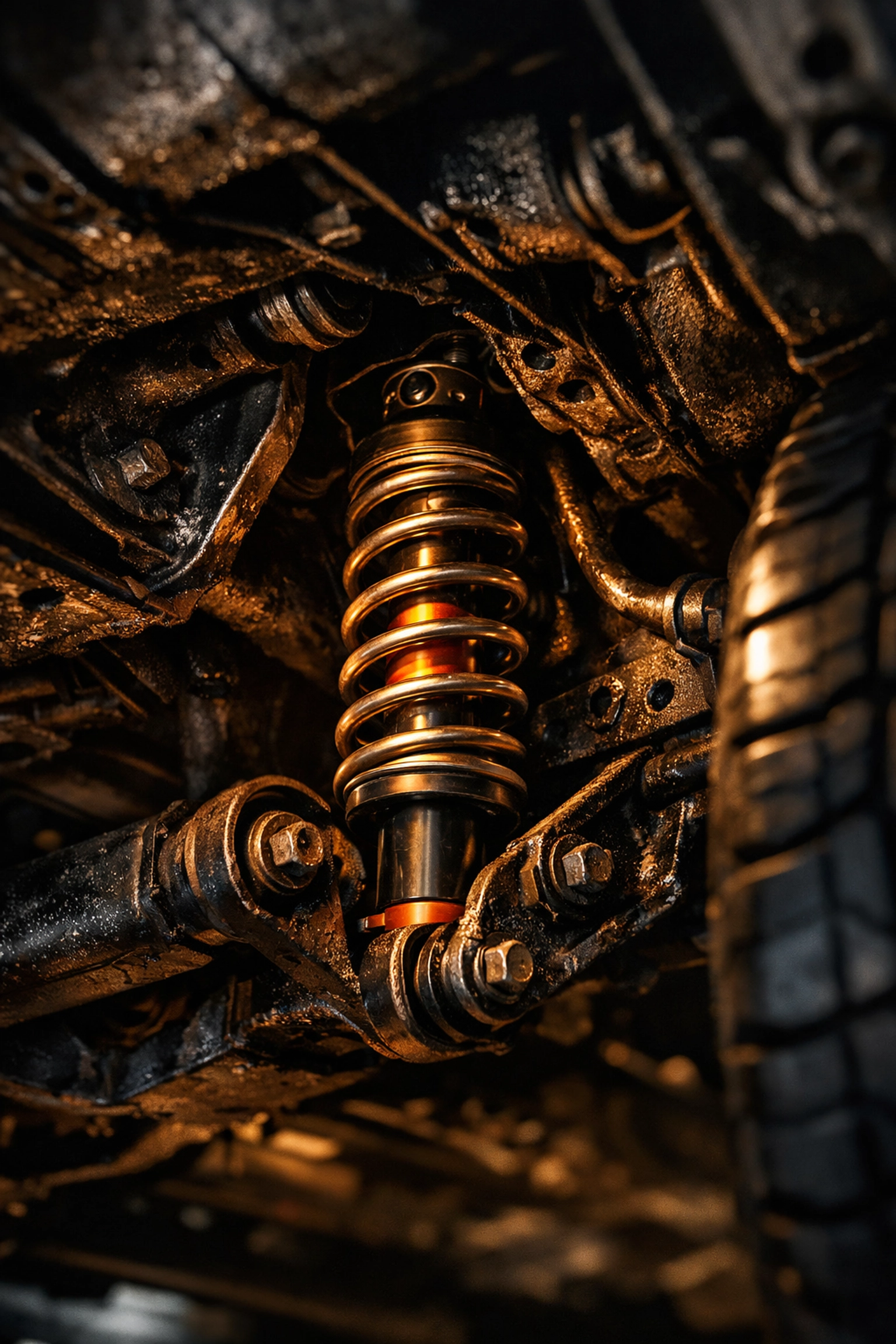 Close-up of a car's shock absorber and coil spring requiring expert suspension repair.