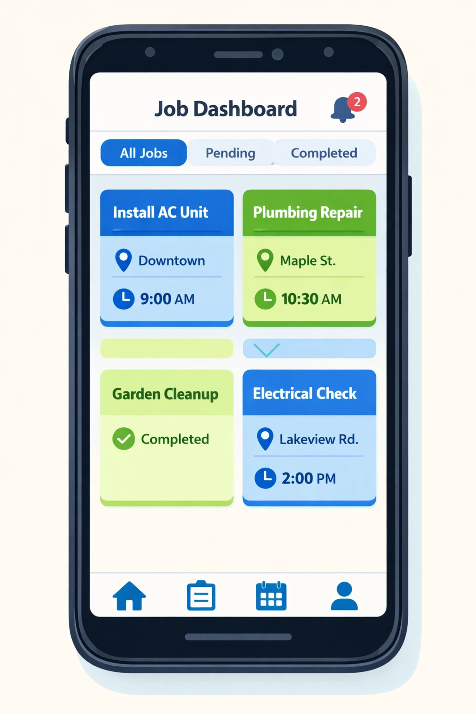 Clean job management dashboard showing organized service calls and technician schedules for appliance repair business