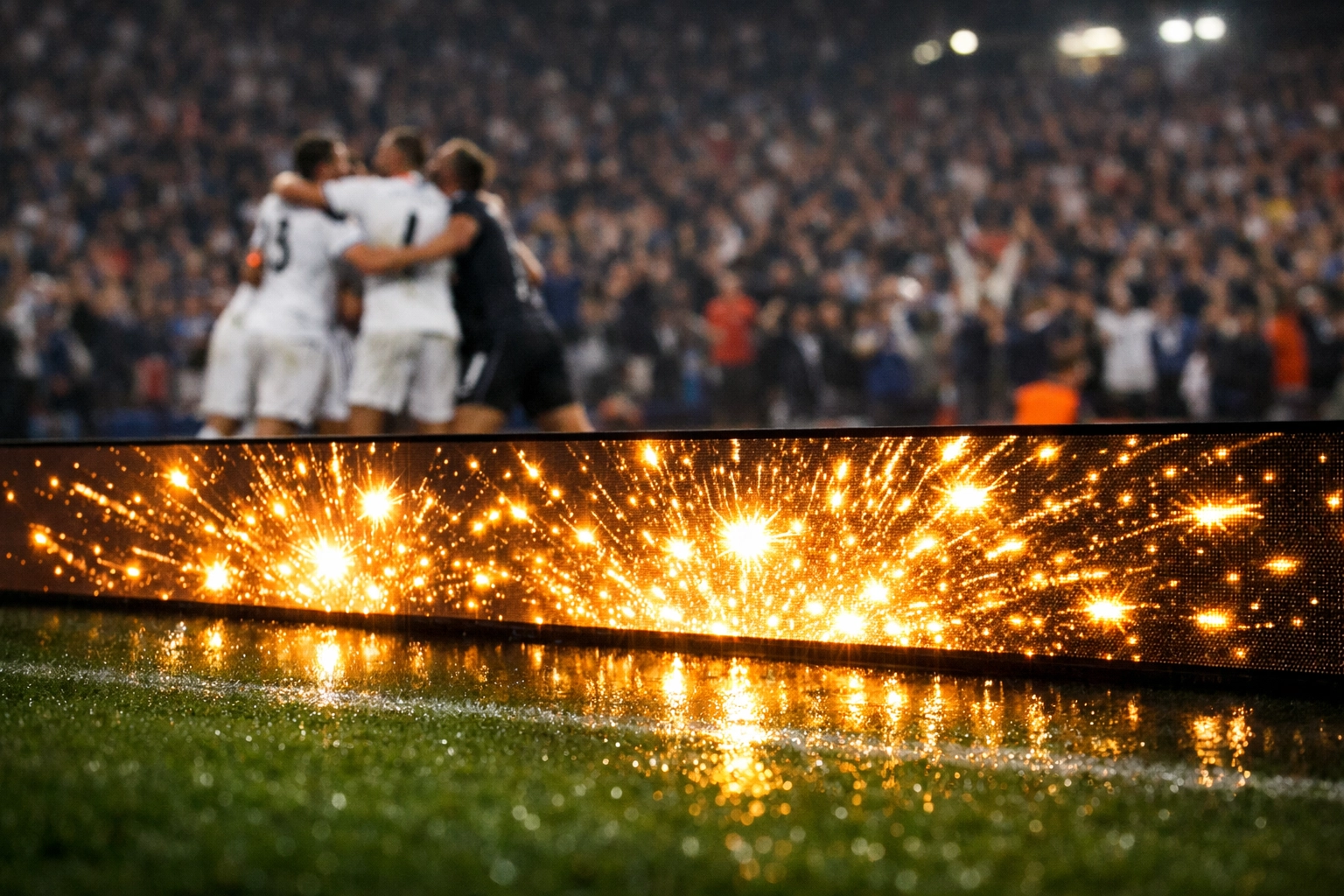 Programmatic stadium perimeter board triggered during a goal celebration at a night game.
