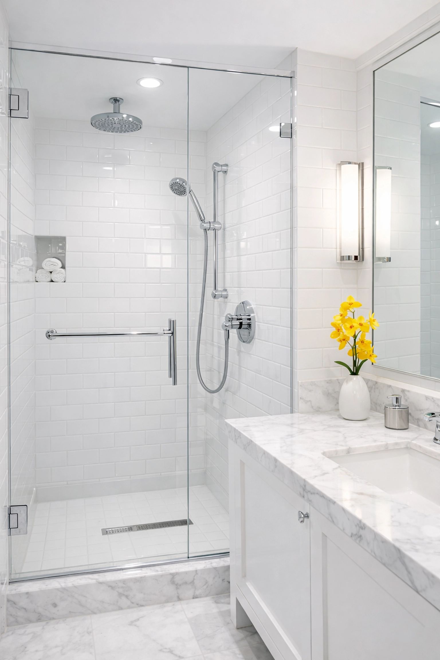 Sparkling clean apartment bathroom in Leominster MA with sanitized shower and white subway tiles.