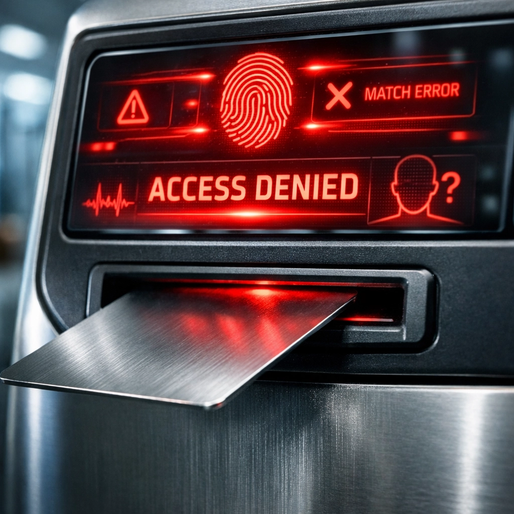 Red warning light on a card scanner, representing identity mismatches in small business loan documents.