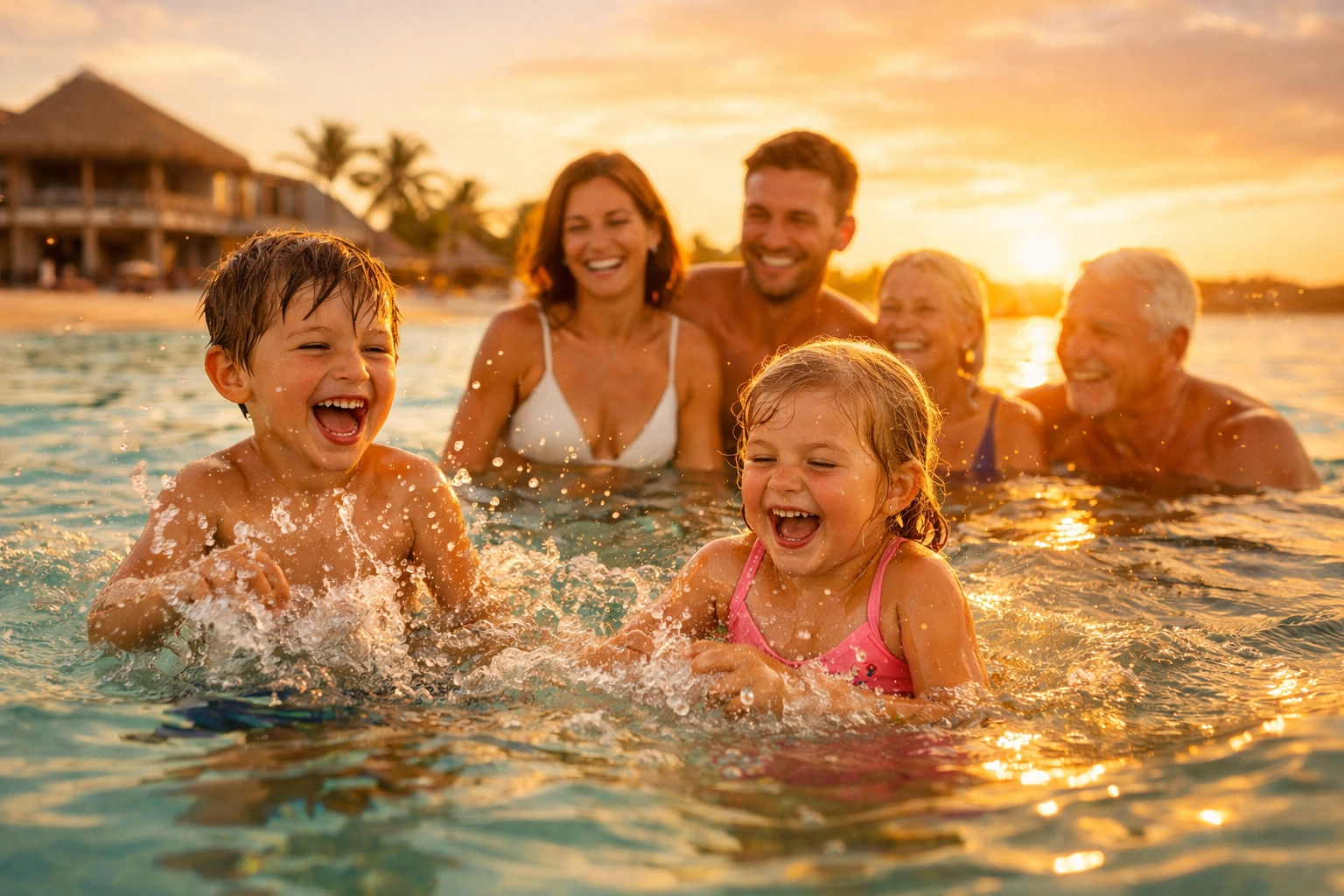 Multi-generational family enjoying Caribbean beach vacation at all-inclusive resort at sunset