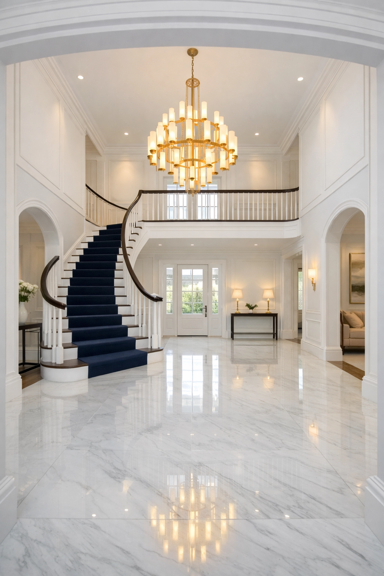 Pristine marble floors in a luxury Dover estate foyer, reflecting professional residential cleaning standards.