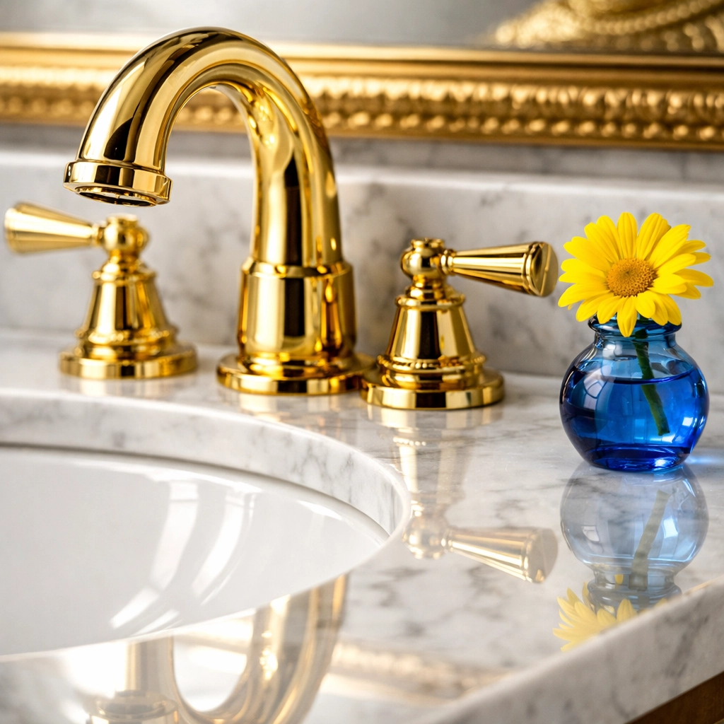Polished gold faucet and marble sink in a sanitized luxury bathroom for a Concord move-out.