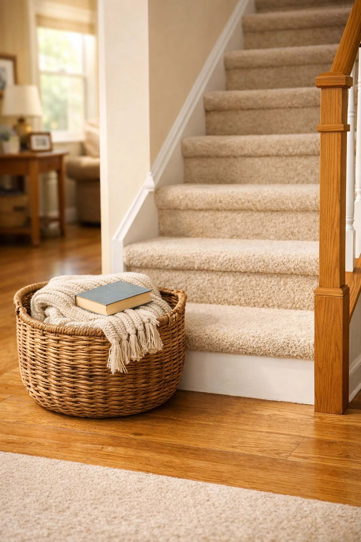 Clutter-free stairs with a storage basket placed safely away from the walking path.