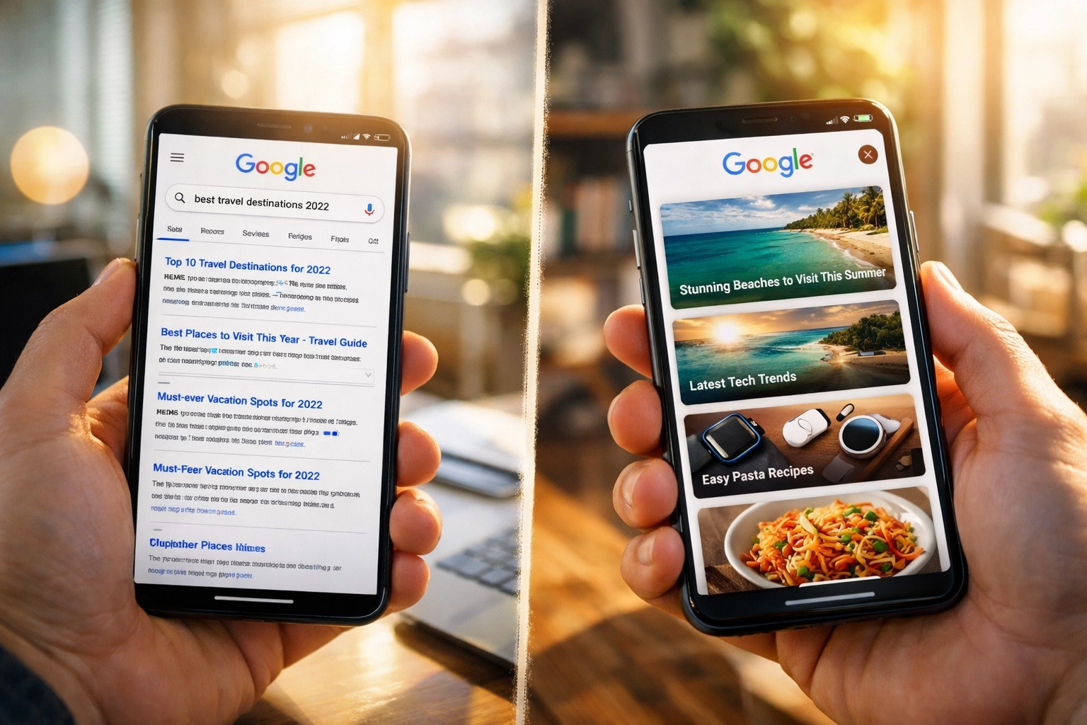 Comparison of Google Search results and Google Discover feed on two smartphones
