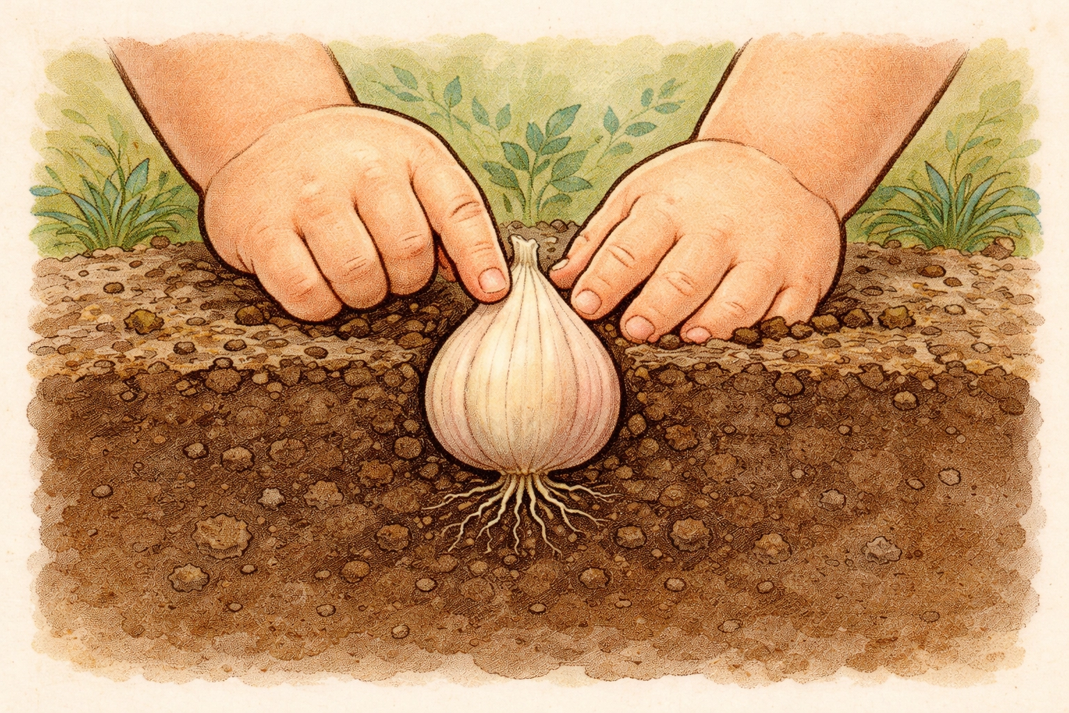 Cartoon hands planting a garlic clove pointy-side-up in soil, explaining garlic planting basics