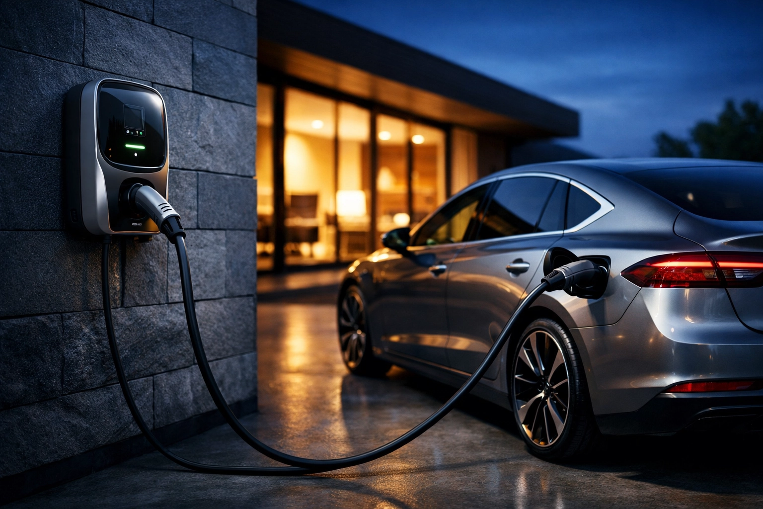 Véhicule électrique relié à une borne bidirectionnelle V2H alimentant une résidence moderne au crépuscule.