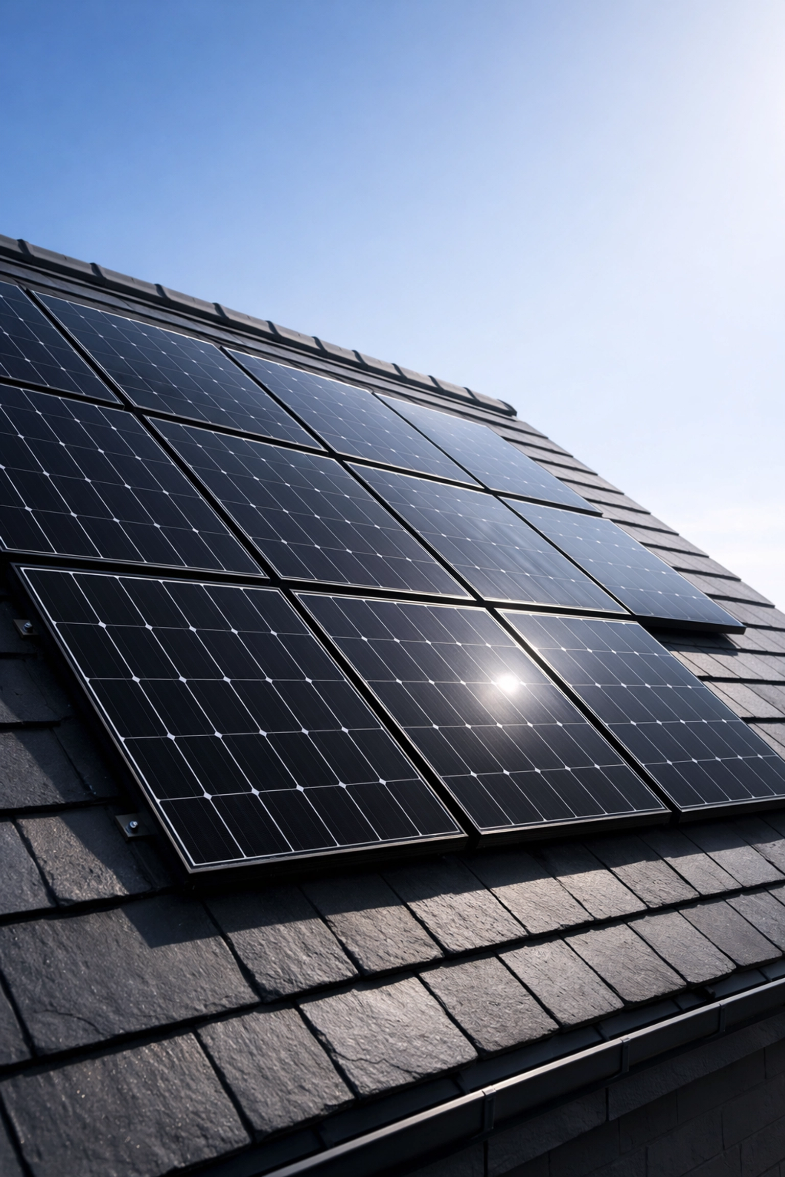 Modern monocrystalline solar panels installed on a UK home roof providing energy security.