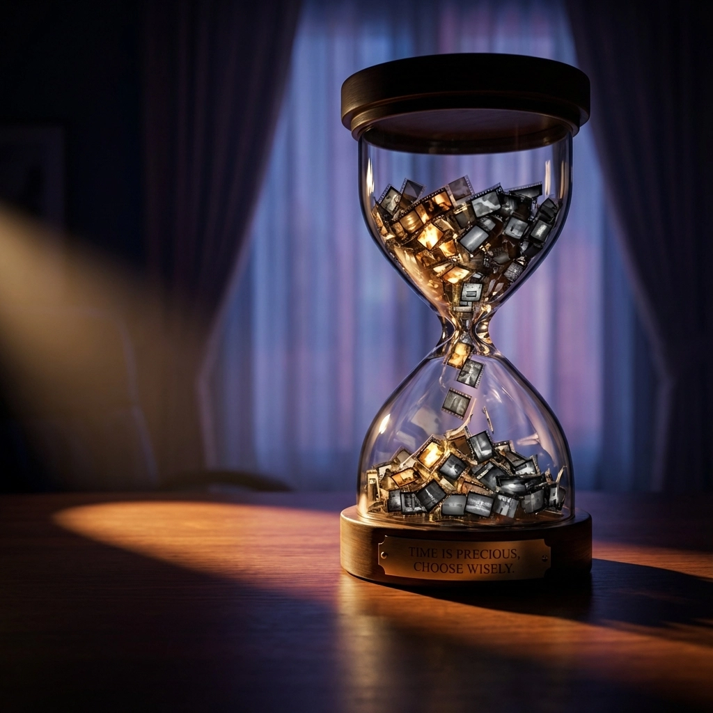 Hourglass on a wooden table filled with metallic cubes, illuminated by warm light. Plaque reads "Time is precious, choose wisely."