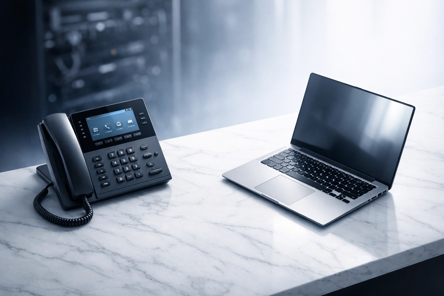Modern IP phone and laptop on a clean desk, representing the shift from legacy hardware to cloud PBX Canada.