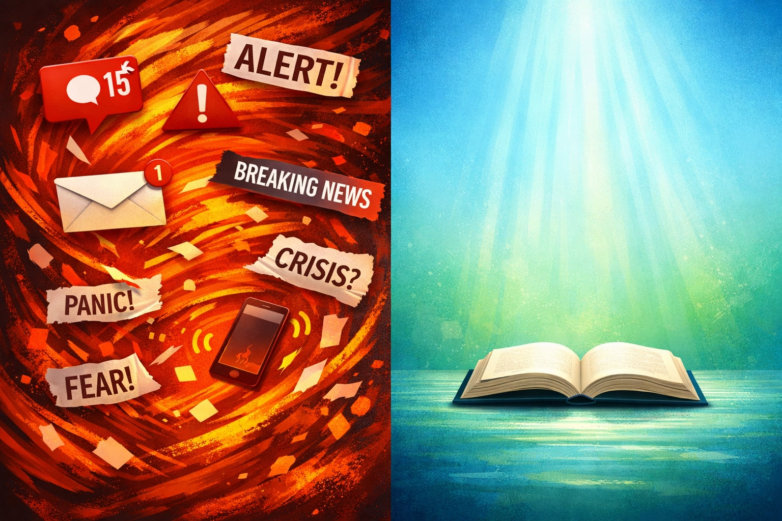 Visual contrast of news anxiety versus peaceful morning clarity with Scripture and intentional boundaries