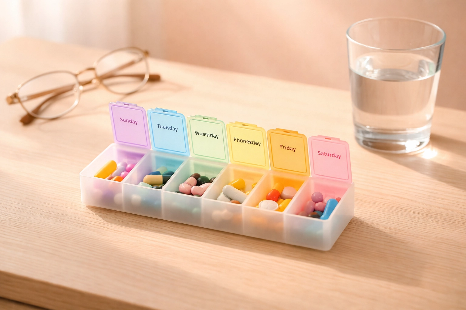 Open pill organizer with medications, emphasizing safe senior living and medication management in Sarasota