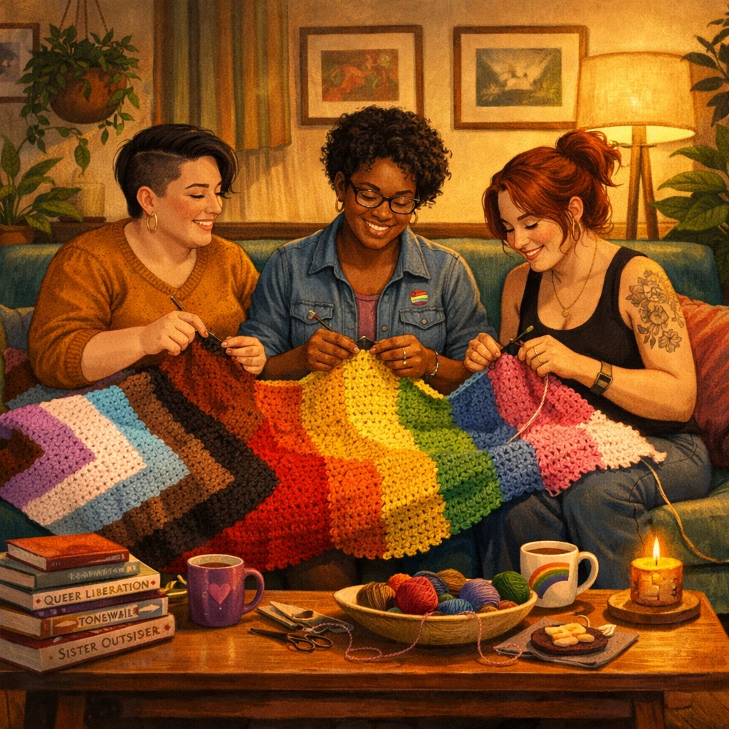 Lesbian women crocheting a Pride flag together, demonstrating craftivism and building community in a cozy home.