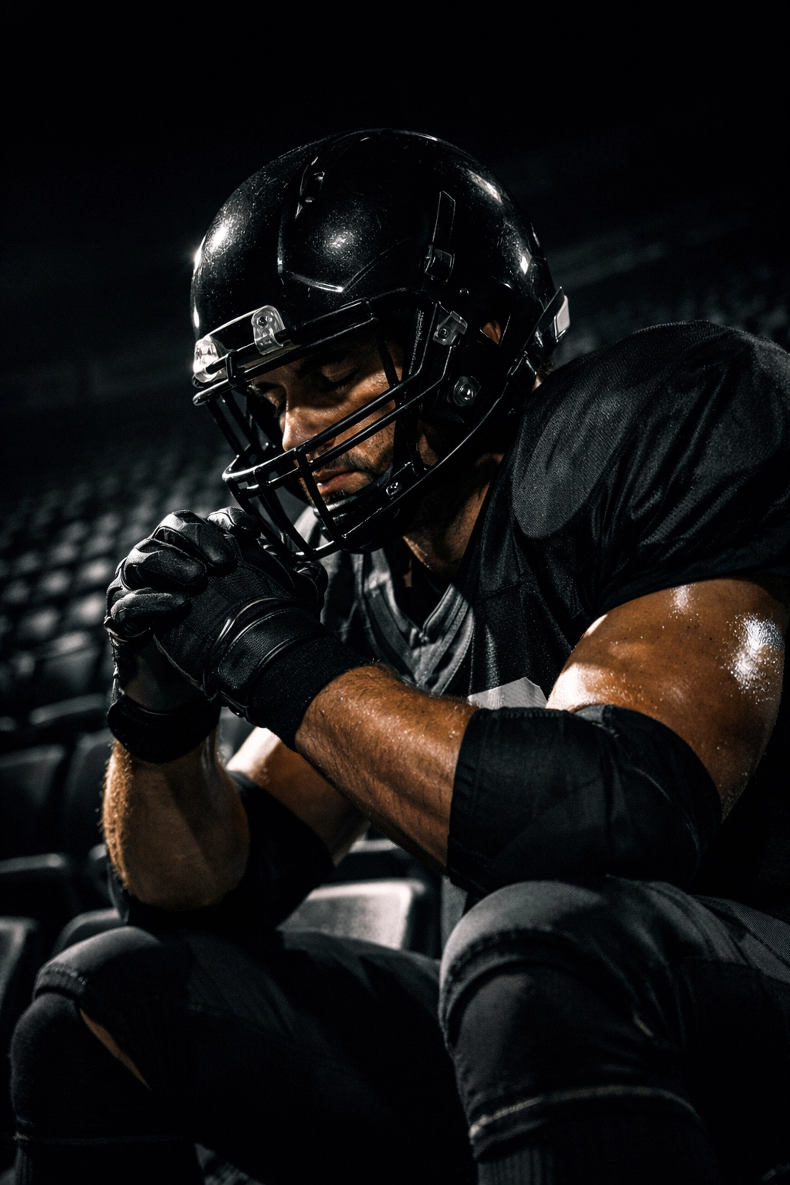 Football athlete mentally preparing in empty stadium demonstrating visualization techniques