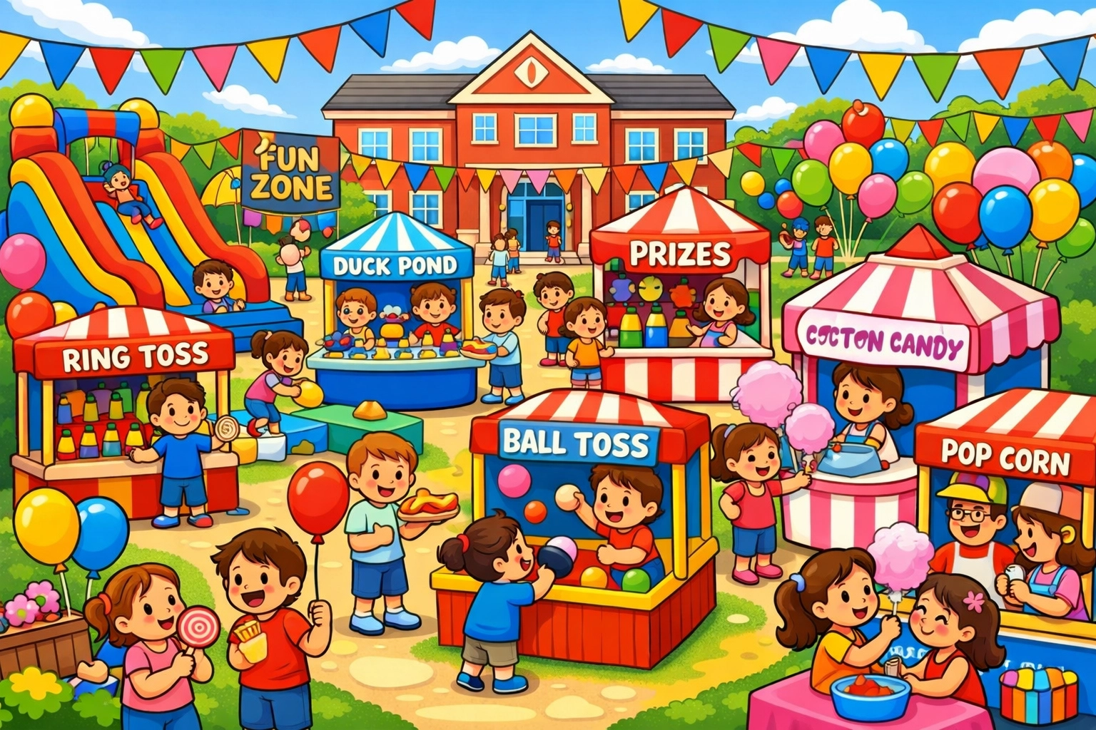 Families enjoying school carnival fundraiser with inflatable rentals and games in Ontario