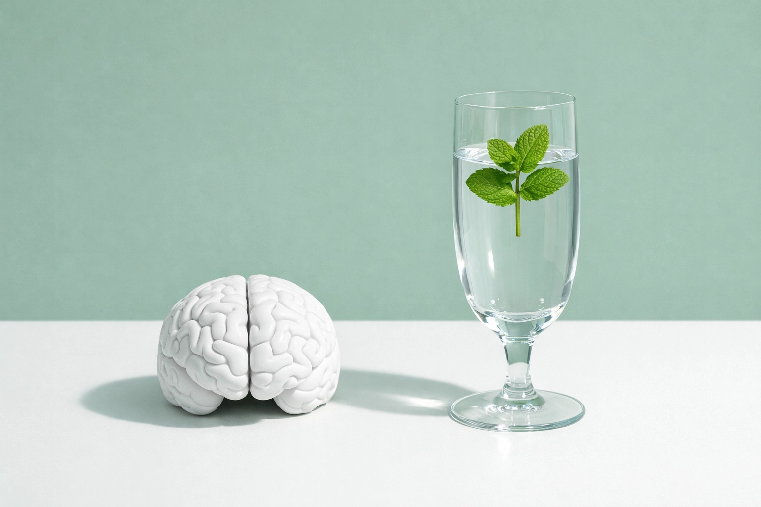 A brain model next to fresh water illustrating the gut-brain axis and hydration for mental clarity.