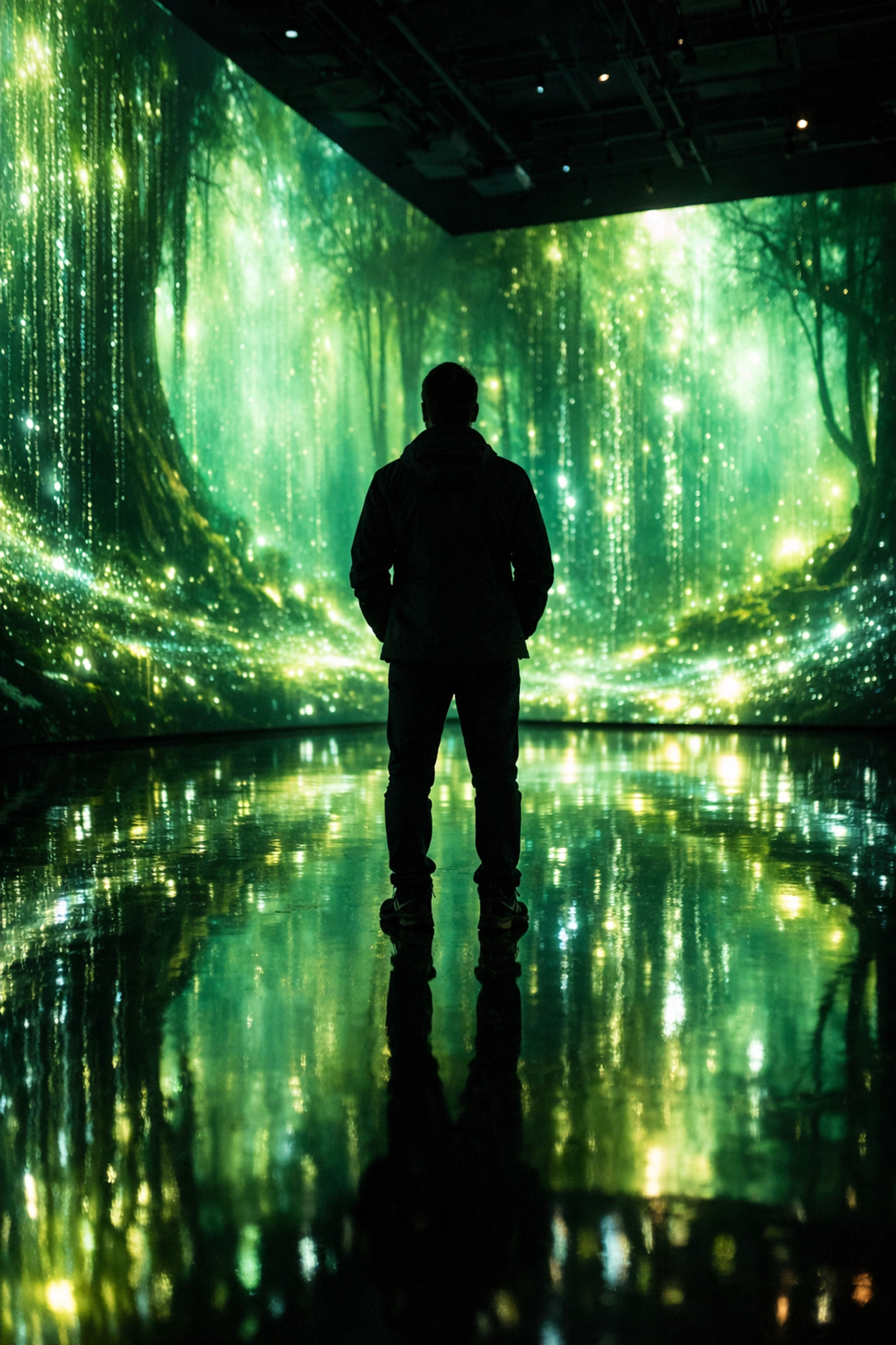 Immersive digital art exhibit at OASIS Immersion in Montreal featuring glowing nature projections.