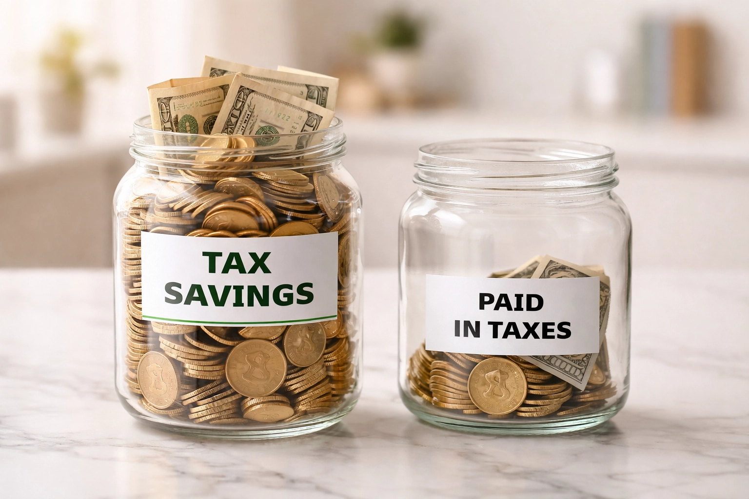 Side-by-side jars illustrating tax savings versus losses for LLC vs S Corp small business taxes.