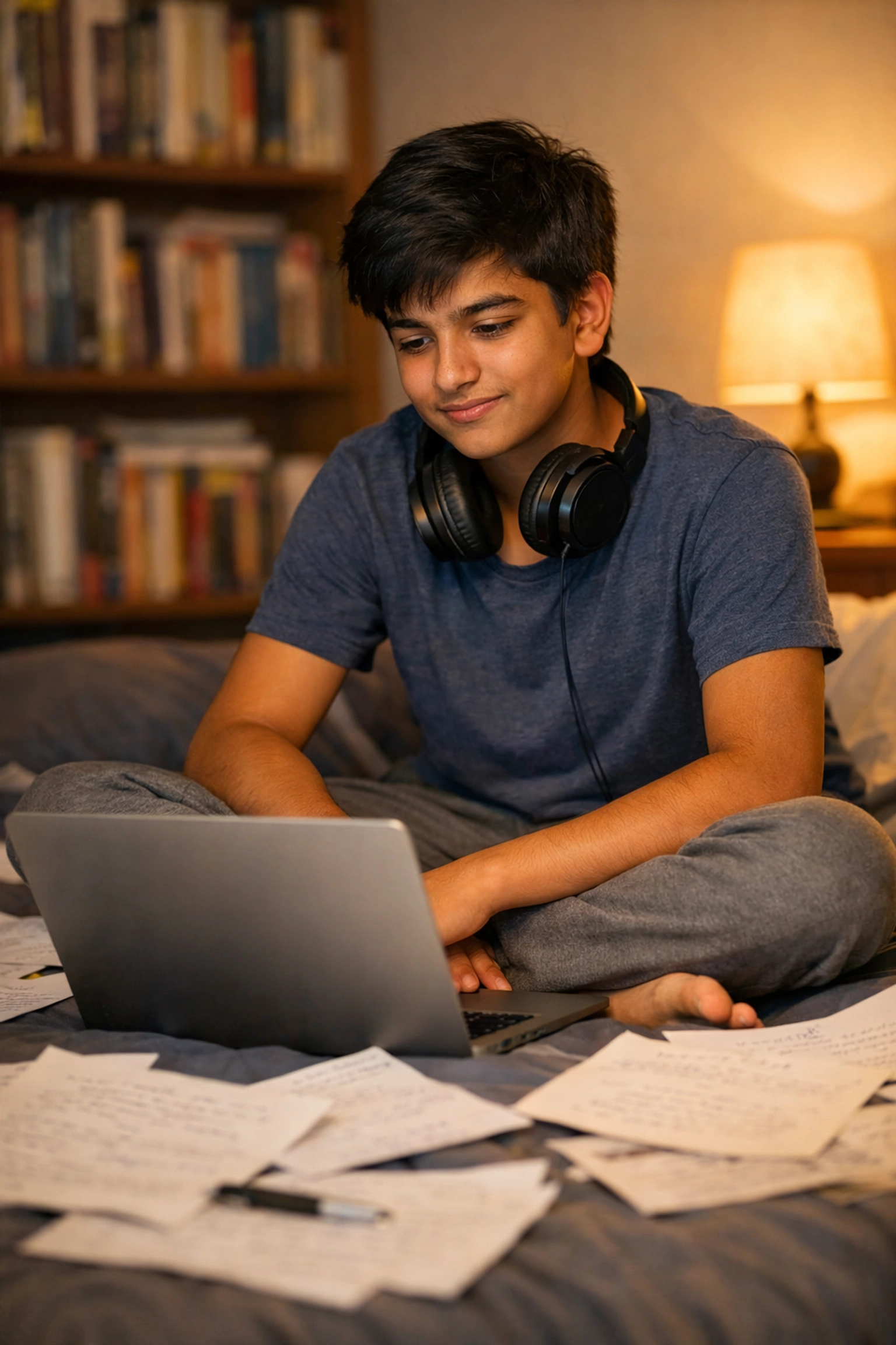 Teen writer working on laptop surrounded by story drafts and books in bedroom