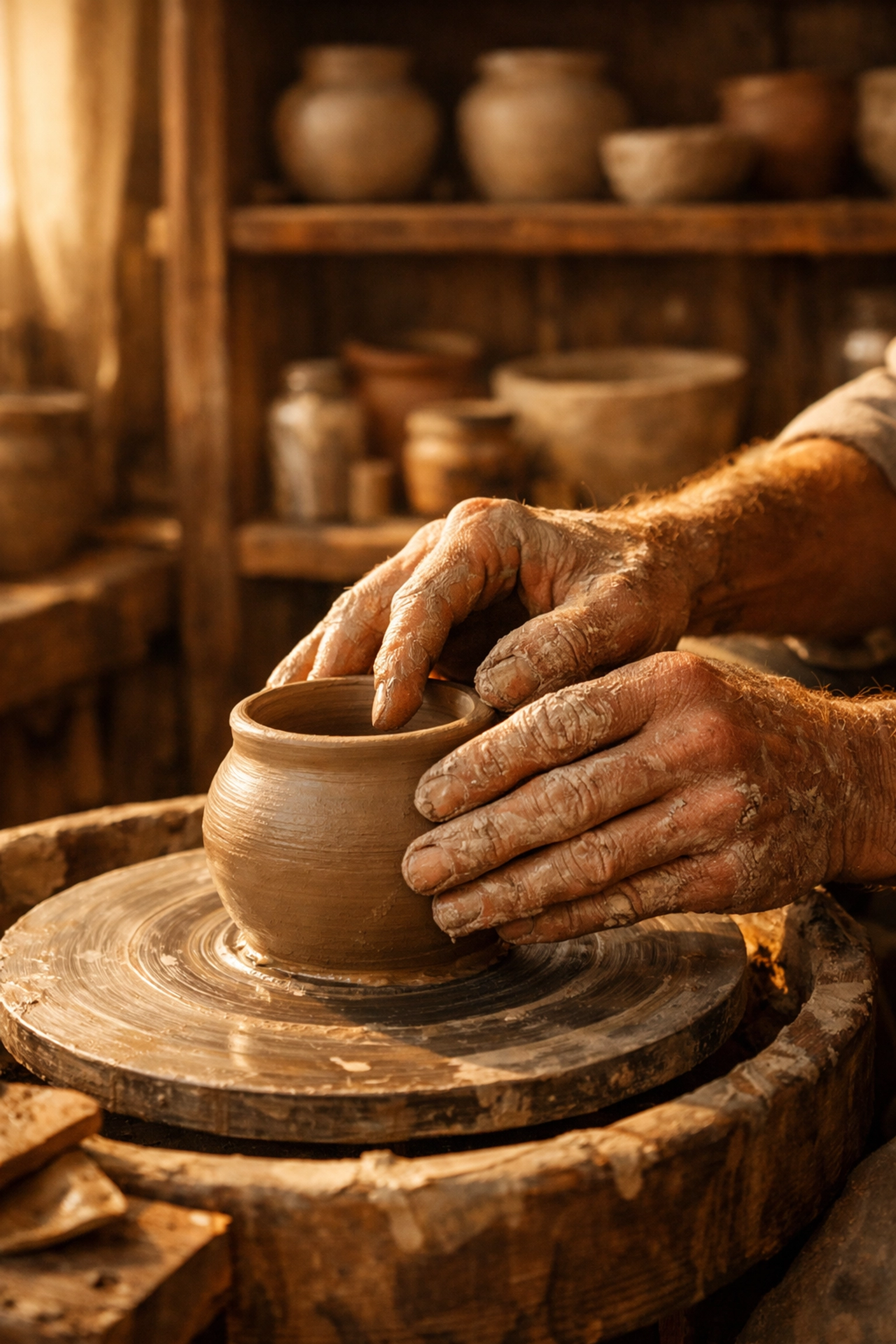 Close-up of a domestic artisan potter shaping handmade ceramic clay on a wheel in a sunny studio