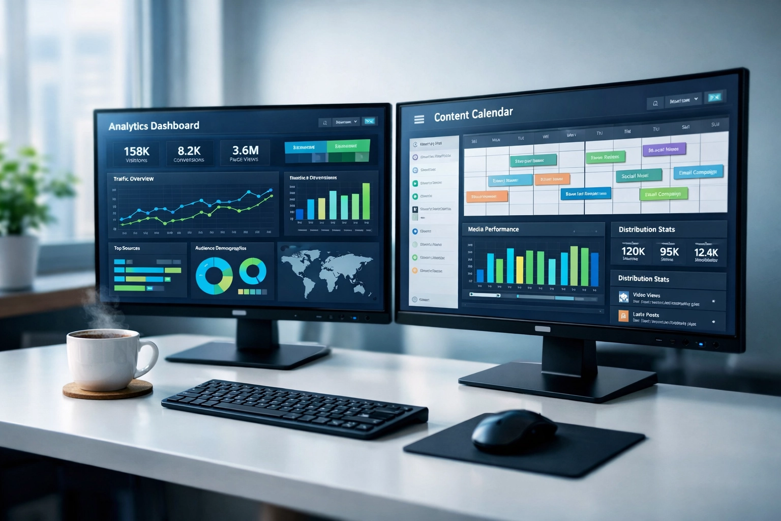Sports marketing automation workspace with dual monitors displaying press release analytics and content calendars