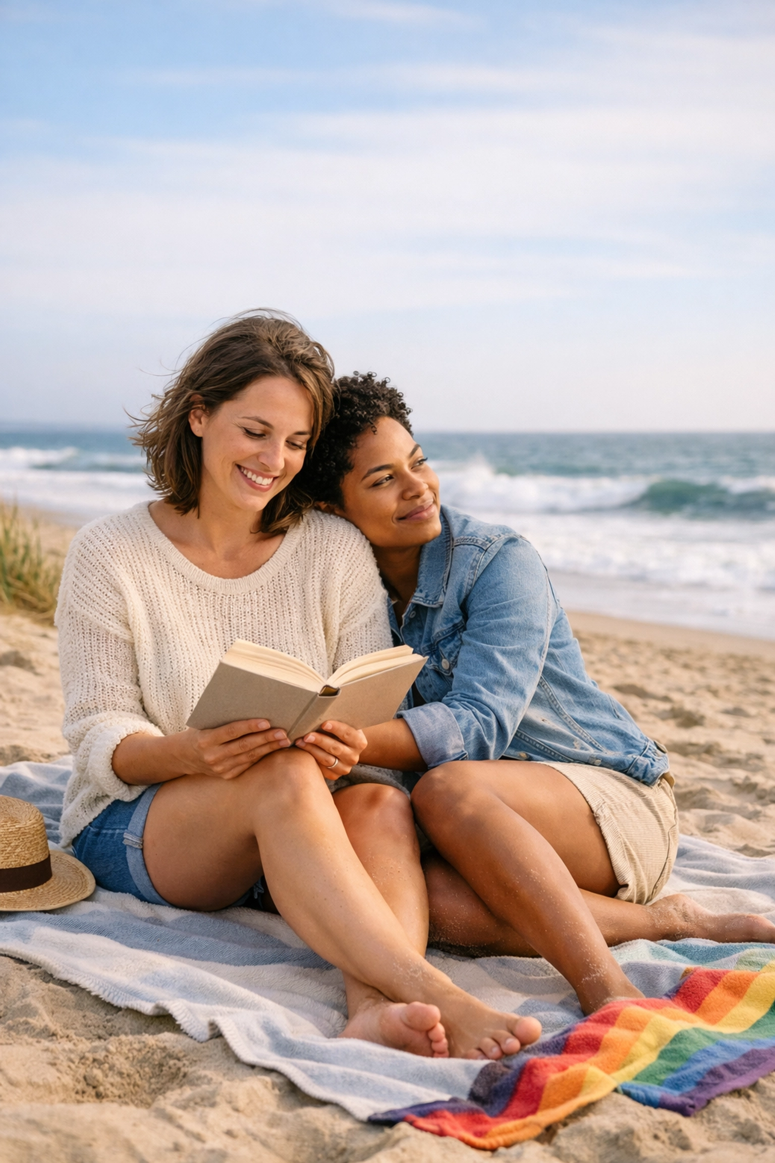 Authentic representation of a lesbian couple sharing a book on a beach, celebrating queer love and literature.